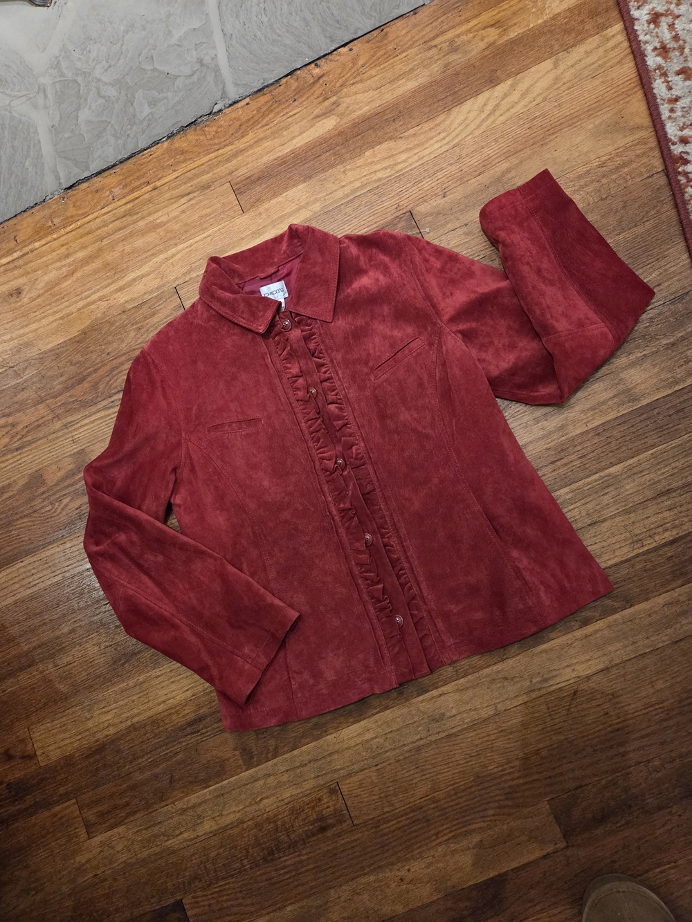 Chico's Red Ruffle-Front Suede Jacket - Picture 3 of 9